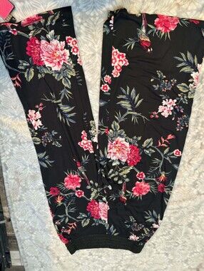 Floral Wide-Leg Women’s Pants - Black with Red & Green Floral Print